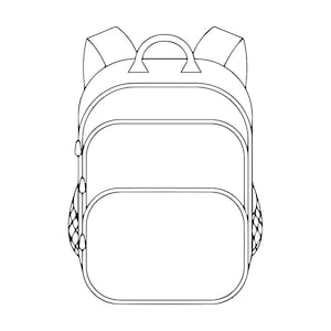 Puede incluir: Un dibujo en blanco y negro de una mochila con dos correas y un bolsillo con cremallera.