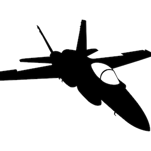 Puede incluir: Silueta negra de un avión de combate sobre un fondo blanco. El avión tiene alas, cola y cabina. La imagen es una representación gráfica simple de una aeronave.