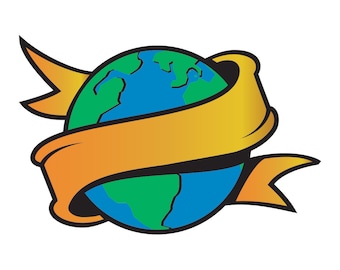 May include: A cartoon illustration of a globe wrapped in a yellow ribbon. The globe is blue and green with continents outlined in black. The ribbon is tied around the globe with a bow on top.