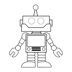 Puede incluir: Un dibujo en blanco y negro de un robot con una cabeza redonda, dos ojos grandes y un cuerpo rectangular. El robot tiene dos brazos con manos que parecen llaves inglesas y dos piernas con pies redondeados.