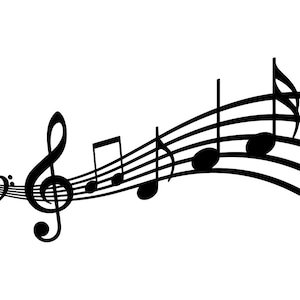May include: Black and white illustration of musical notes on a treble clef staff. The notes are arranged in a flowing, curved pattern.
