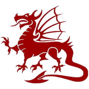 Può includere: Una silhouette di drago rosso con le ali spiegate e una lunga coda. Il drago è rivolto a sinistra e ha un'espressione feroce.