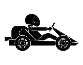 May include: A black and white silhouette of a person wearing a helmet and driving a go-kart.