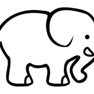 May include: A black and white line drawing of a cartoon elephant with its trunk curled up.