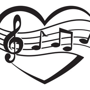 Puede incluir: Ilustración en blanco y negro de una clave de sol y notas musicales dentro de una forma de corazón.