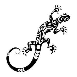 May include: Black and white stylized illustration of a gecko with a tribal design. The gecko is facing right and has a curled tail.