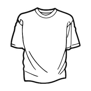 Puede incluir: Un dibujo en blanco y negro de una camiseta con mangas cortas y cuello redondo.