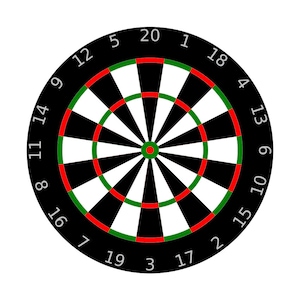 May include: A black and white dartboard with red and green rings around the outer edge. The numbers 1 through 20 are printed in white around the board.