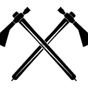 May include: A black and white graphic of two crossed tomahawks. Each tomahawk has a triangular blade and a cylindrical handle. The tomahawks are positioned in an X shape against a white background.