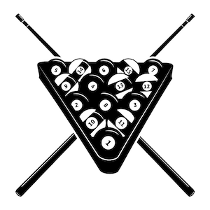 May include: Black and white illustration of a billiard rack with 15 billiard balls numbered 1 through 15. Two black pool cues are crossed behind the rack.