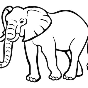 May include: A black and white line drawing of an elephant with its trunk raised. The elephant is facing to the left and has large ears.