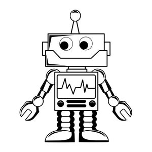 May include: A black and white cartoon robot with a heart monitor on its chest. The robot has a large head with two eyes and a small antenna on top.