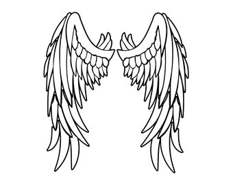 May include: A black and white illustration of a pair of angel wings. The wings are symmetrical, with detailed feather patterns and a curved shape. The design is outlined with thick black lines against a white background.