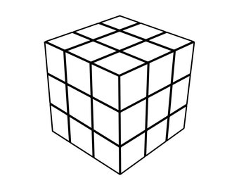 May include: A black and white line drawing of a cube divided into smaller cubes.