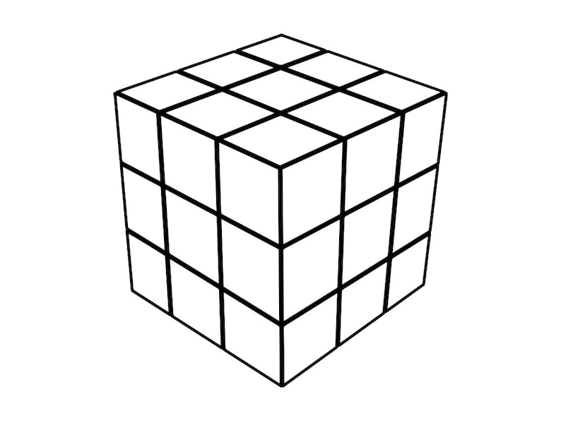 May include: A black and white line drawing of a cube divided into smaller cubes.