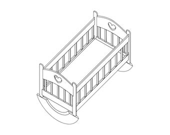 May include: A white wooden rocking cradle with a heart-shaped design on the headboard. The cradle has a slatted bottom and a curved rocking base.