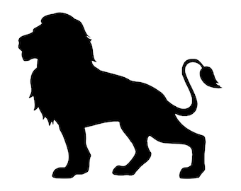 May include: Black silhouette of a lion with a thick mane and a curled tail.