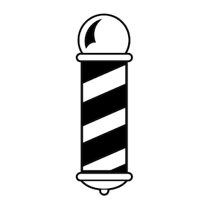 Pode incluir: Um poste de barbeiro preto e branco com listras vermelhas, brancas e azuis. O poste é coroado com uma bola redonda branca.