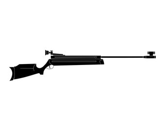 May include: A black air rifle with a scope and a silencer. The rifle has a wooden stock and a metal barrel.