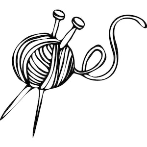 Puede incluir: Una ilustración en blanco y negro de un ovillo de lana con dos agujas de tejer.