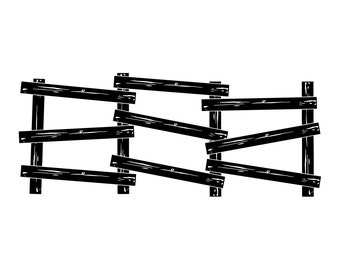 May include: Black and white illustration of a broken wooden fence. The fence is made of horizontal planks with vertical supports. The planks are broken and leaning in different directions.