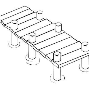 Op de afbeelding: Een zwart-witte lijntekening van een houten pier met vier steunpalen die het water in reiken. De pier heeft een lichte bocht en is gemaakt van planken.
