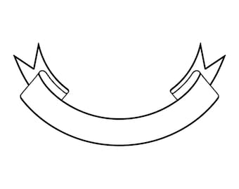 May include: A black and white outline of a curved ribbon banner with pointed ends.