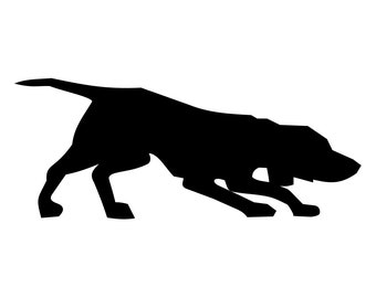 May include: Black silhouette of a dog in a hunting position, with its head lowered and its body stretched out.