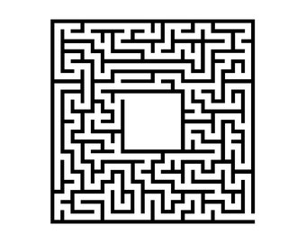 May include: A black and white maze with a square opening in the center. The maze is designed to be solved by finding a path from the entrance to the exit.