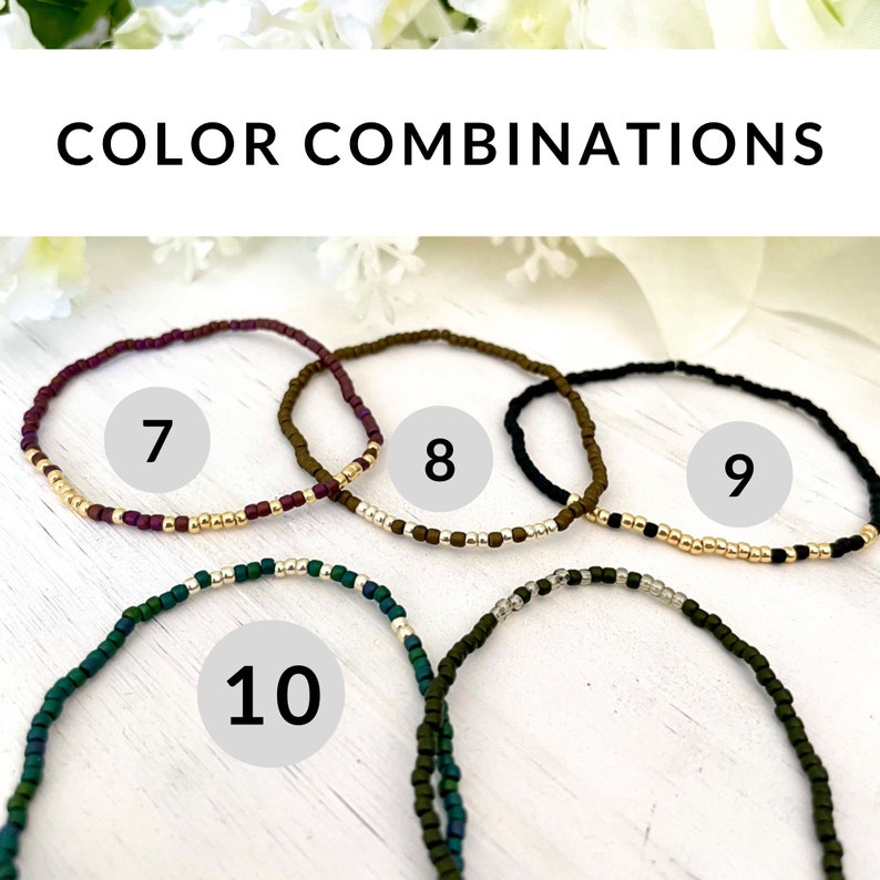 May include: Four beaded bracelets in different color combinations. The bracelets are numbered 7, 8, 9, and 10. The bracelets are made with small, round beads in various colors, including gold, black, brown, purple, and green.
