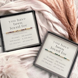 K&ouml;nnte beinhalten: Zwei kleine Geschenkboxen mit schwarzen Deckeln und wei&szlig;en Karten im Inneren. Die Karten tragen den Text "You have been loved for" und listen die Anzahl der Jahre, Monate, Wochen, Tage und Stunden auf, die jemand geliebt wurde. Die Boxen befinden sich auf einer hellrosa und wei&szlig;en flauschigen Oberfl&auml;che.