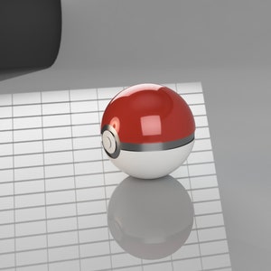 May include: A red and white Poké Ball with a silver band and button, on a reflective surface. The top half is red, the bottom half is white, and the button is silver and black. The background is a grid pattern.
