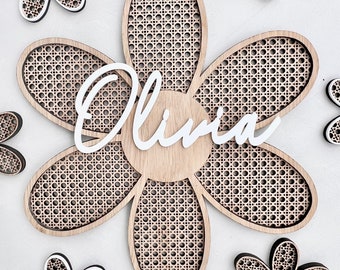 Oak Rattan Flower Daisy Wall Décor, Personalised Name Sign, Custom Wall Sign, Bespoke Name Sign Nursery Wall Décor, Personalised Baby Gift