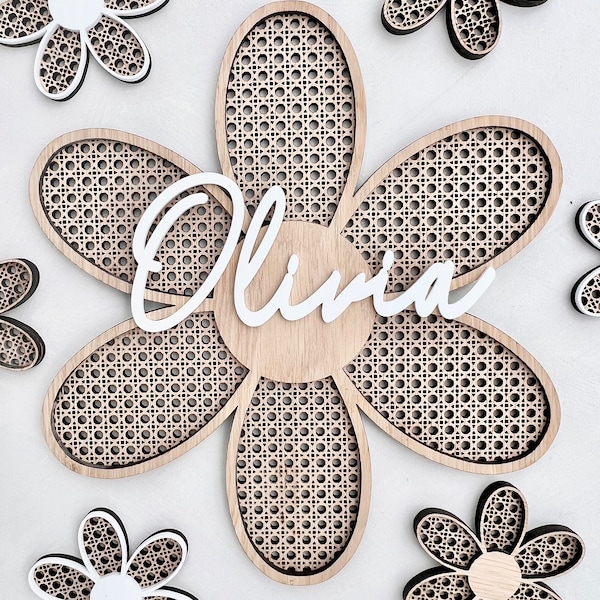 Oak Rattan Flower Daisy Wall Décor, Personalised Name Sign, Custom Wall Sign, Bespoke Name Sign Nursery Wall Décor, Personalised Baby Gift