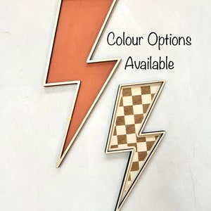 Wood Lightning Bolt Wall Hanging, Painted or Engraved Chequered, Boyhood theme room, boy girl bedroom decor, boy girl wall art, teen decor,