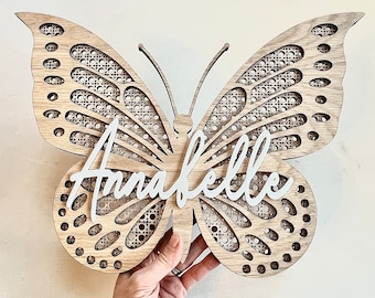 Oak Rattan Butterfly Wall Decor, Personalised Butterfly Name Sign, Girl Bedroom Decor, Butterfly Nursery Decor, Personalised Baby Girl Gift
