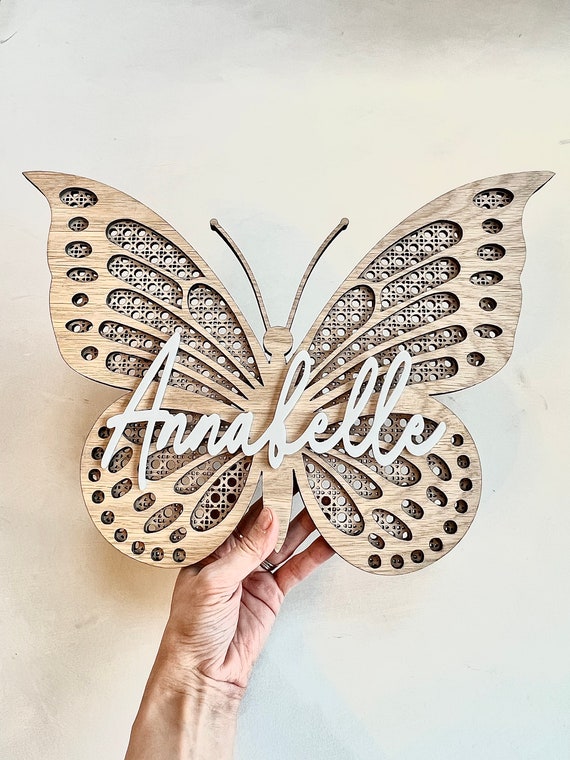 Oak Rattan Butterfly Wall Decor, Personalised Butterfly Name Sign, Girl Bedroom Decor, Butterfly Nursery Decor, Personalised Baby Girl Gift