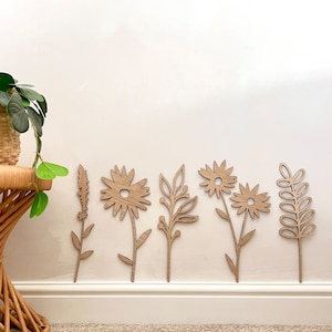 Decoración de pared con tallos de flores silvestres de madera, decoración floral para guardería, accesorios para dormitorio de niñas, arte de pared de flores, arte de pared de margaritas, decoración caprichosa,