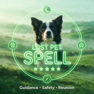 Può includere: Un cane bianco e nero centrato in una cornice circolare verde luminosa con icone di luna, zampa, casa e bussola. Il testo recita LOST PET SPELL con cinque stelle sotto e Guidance • Safety • Reunion nella parte inferiore.