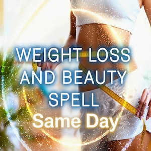 Könnte beinhalten: Eine Person in einem weißen Sport-BH und weißen Shorts hält ein gelbes Maßband um die Taille. Das Bild zeigt den Text WEIGHT LOSS AND BEAUTY SPELL Same Day in Weiß und Gelb vor einem leuchtenden, funkelnden Hintergrund.