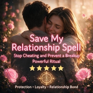 Könnte beinhalten: Ein Paar umarmt sich inmitten rosafarbener Rosen mit dem Text Save My Relationship Spell, Stop Cheating and Prevent a Breakup Powerful Ritual, fünf gelben Sternen, einem goldenen Emblem und den Wörtern Protection, Loyalty, Relationship Bond.