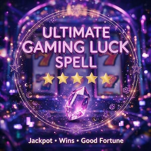 Puede incluir: Un gráfico digital con el texto ULTIMATE GAMING LUCK SPELL en morado, cinco estrellas doradas y un cristal morado central. Debajo, el texto dice Jackpot • Wins • Good Fortune. El fondo muestra una máquina tragaperras borrosa con luces moradas.