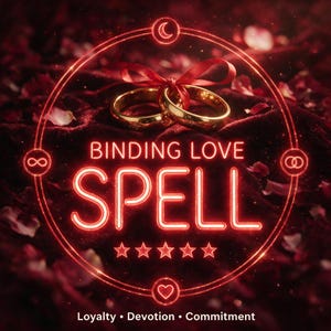 May include: Two gold rings tied together with a red ribbon, framed by a glowing red neon circle containing the text BINDING LOVE SPELL, five stars, and symbols for a crescent moon, infinity, interlocking circles, and a heart, with text below.