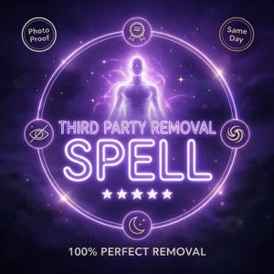 May include: A purple graphic design featuring a glowing neon circle with the text THIRD PARTY REMOVAL SPELL and 100% PERFECT REMOVAL. The image includes a central human silhouette, five white stars, and icons for photo proof, same day, an eye, a galaxy, and a moon.