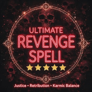 May include: A dark graphic featuring the red neon text ULTIMATE REVENGE SPELL centered within a glowing circular frame. Below the text are five gold stars, and at the bottom, the words Justice, Retribution, and Karmic Balance appear.