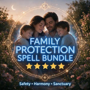 Könnte beinhalten: Eine vierköpfige Familie umarmt sich in einem Garten bei Sonnenuntergang, umrahmt von einem leuchtenden kreisförmigen Emblem mit dem Text FAMILY PROTECTION SPELL BUNDLE und fünf goldenen Sternen. Unten steht Safety • Harmony • Sanctuary.