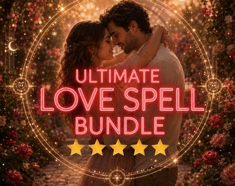 May include: A couple embracing in a rose garden with the text ULTIMATE LOVE SPELL BUNDLE in glowing red letters, five yellow stars, and the words Attraction, Passion, Emotional Connection at the bottom, all framed by a circular golden light.