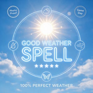 May include: A graphic design featuring a bright sun against a blue sky with clouds. The text reads GOOD WEATHER SPELL and 100% PERFECT WEATHER. Circular icons include a cloud, wind, a water drop with a line through it, a butterfly, and five stars.