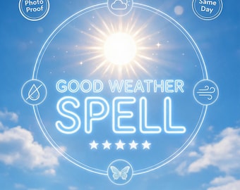May include: A graphic design featuring a bright sun against a blue sky with clouds. The text reads GOOD WEATHER SPELL and 100% PERFECT WEATHER. Circular icons include a cloud, wind, a water drop with a line through it, a butterfly, and five stars.