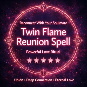 Könnte beinhalten: Eine digitale Grafik mit einem leuchtenden rosa kreisförmigen Rahmen vor einem dunkelvioletten Sternenhintergrund. Der Text lautet: Reconnect With Your Soulmate, Twin Flame Reunion Spell, Powerful Love Ritual, Union, Deep Connection, Eternal Love.